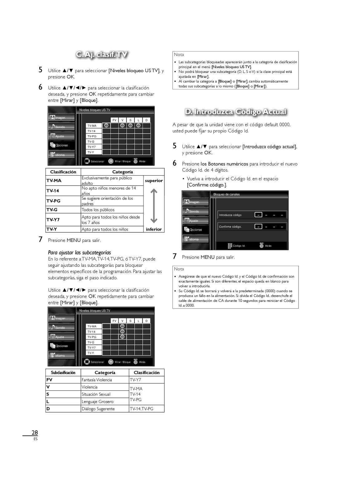 Sylvania LC320SL1 owner manual Aj. clasif.TV, Introduzca Código Actual, Entre Mirar y Bloque, Categoría Clasificación 