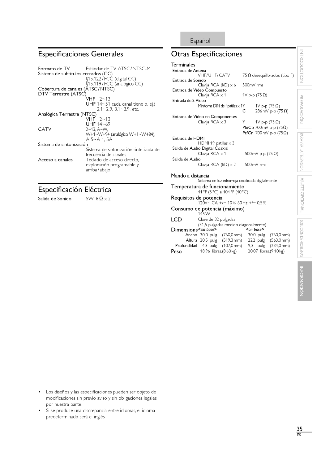 Sylvania LC320SL1 owner manual Especiﬁcaciones Generales, Especiﬁcación Eléctrica 