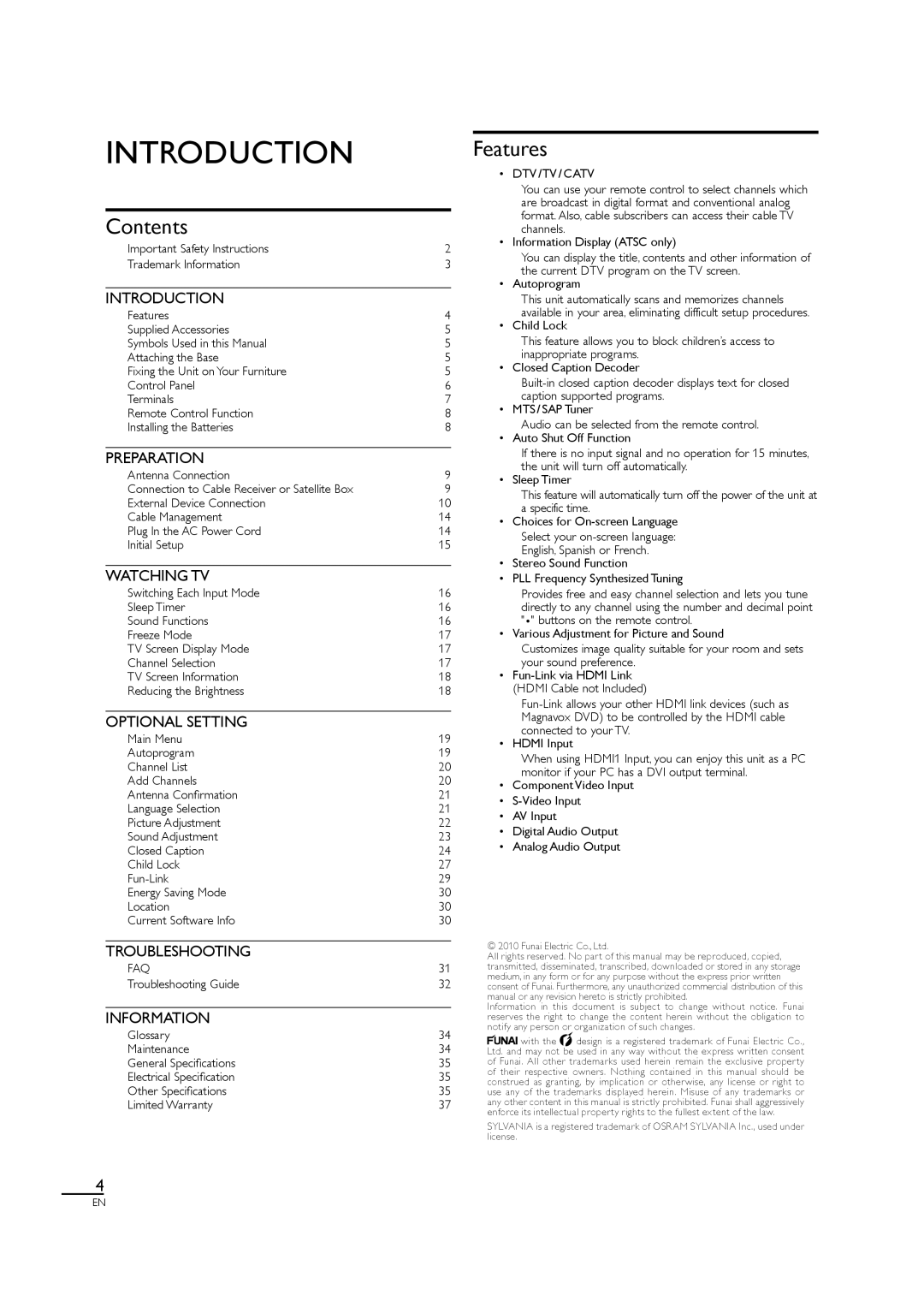 Sylvania LC320SL1 owner manual Introduction, Contents, Features 