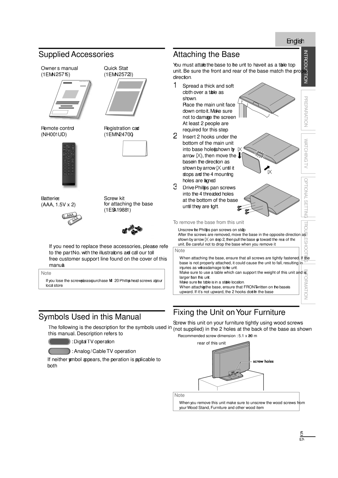 Sylvania LC320SL1 Supplied Accessories, Symbols Used in this Manual, Attaching the Base, Fixing the Unit on Your Furniture 