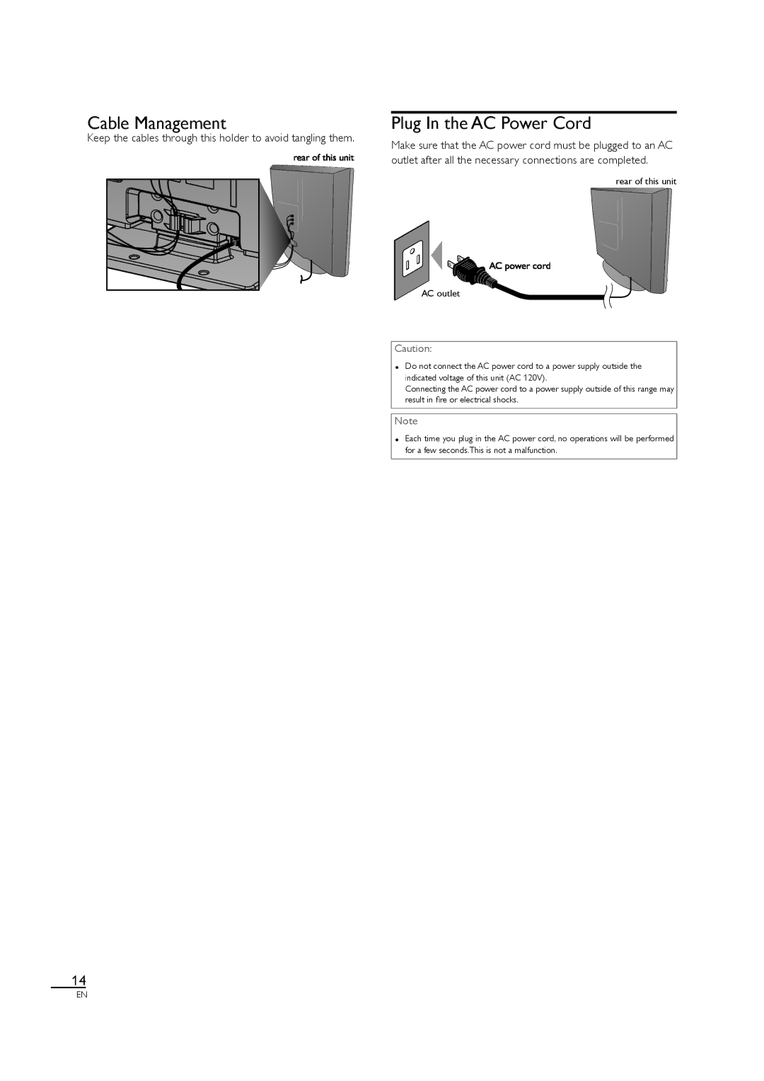 Sylvania LC320SL1 Cable Management, Plug In the AC Power Cord, Keep the cables through this holder to avoid tangling them 