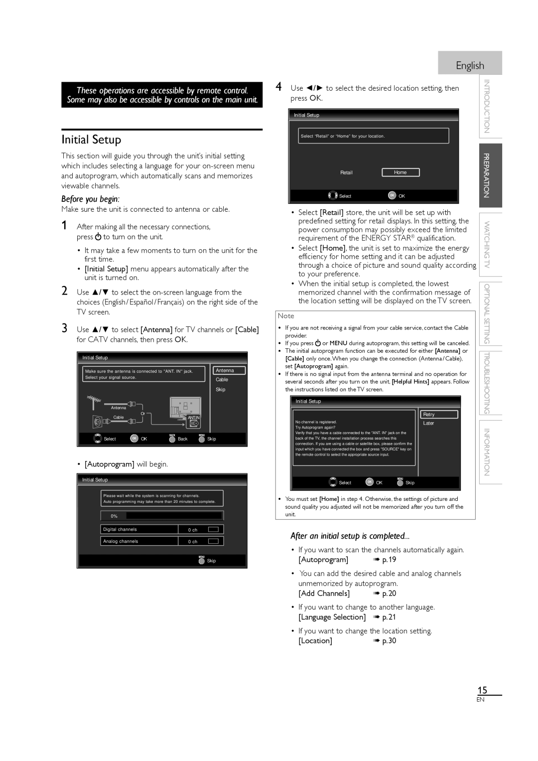 Sylvania LC320SL1 owner manual Initial Setup 