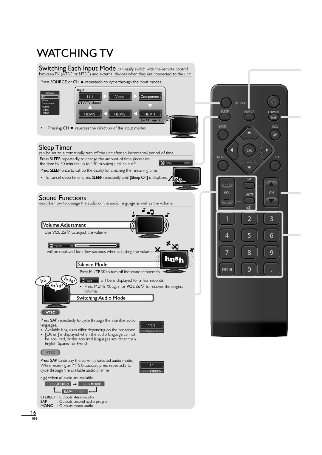 Sylvania LC320SL1 owner manual Watching TV, Volume Adjustment, Silence Mode, Switching Audio Mode 