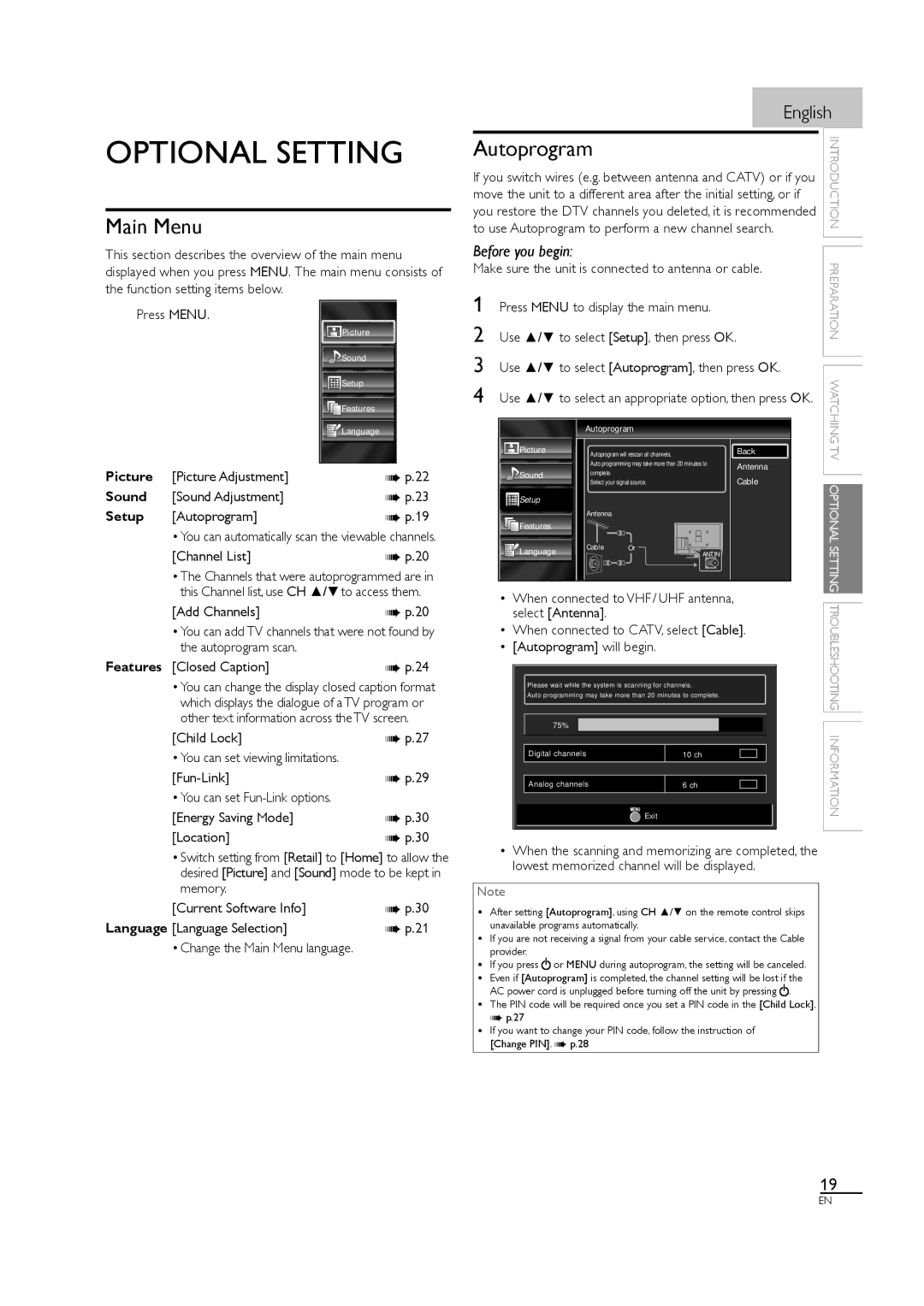 Sylvania LC320SL1 owner manual Optional Setting, Autoprogram, Main Menu 