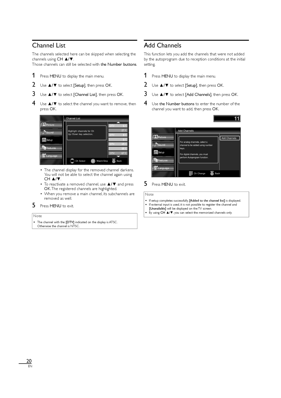 Sylvania LC320SL1 owner manual Channel List, Add Channels, By using CH /, you can select the memorized channels only 