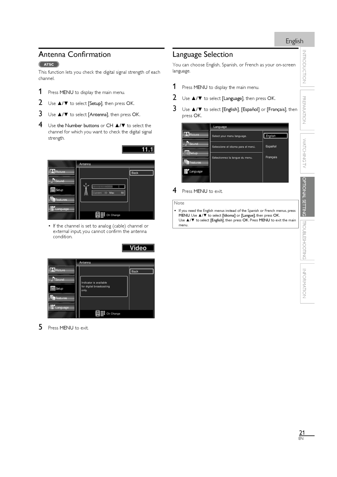 Sylvania LC320SL1 owner manual Antenna Conﬁrmation, Language Selection, Use / to select Language, then press OK, Press OK 