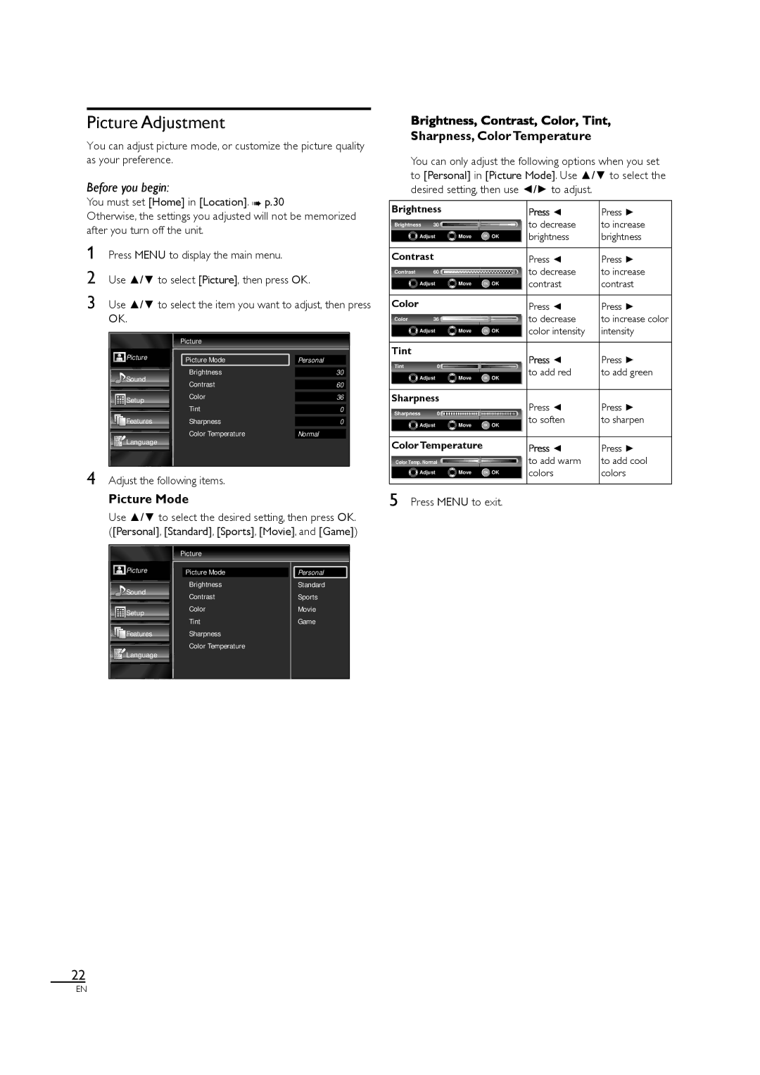 Sylvania LC320SL1 owner manual Picture Adjustment, Sharpness, Color Temperature, Picture Mode, Adjust the following items 