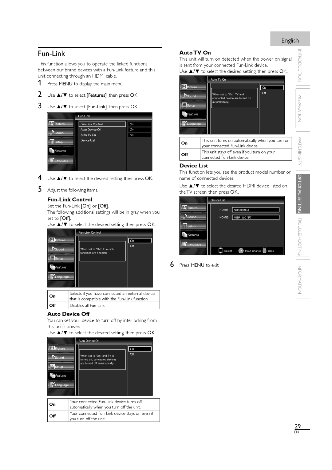 Sylvania LC320SL1 owner manual Device List, Fun-Link Control, Is sent from your connected Fun-Link device 