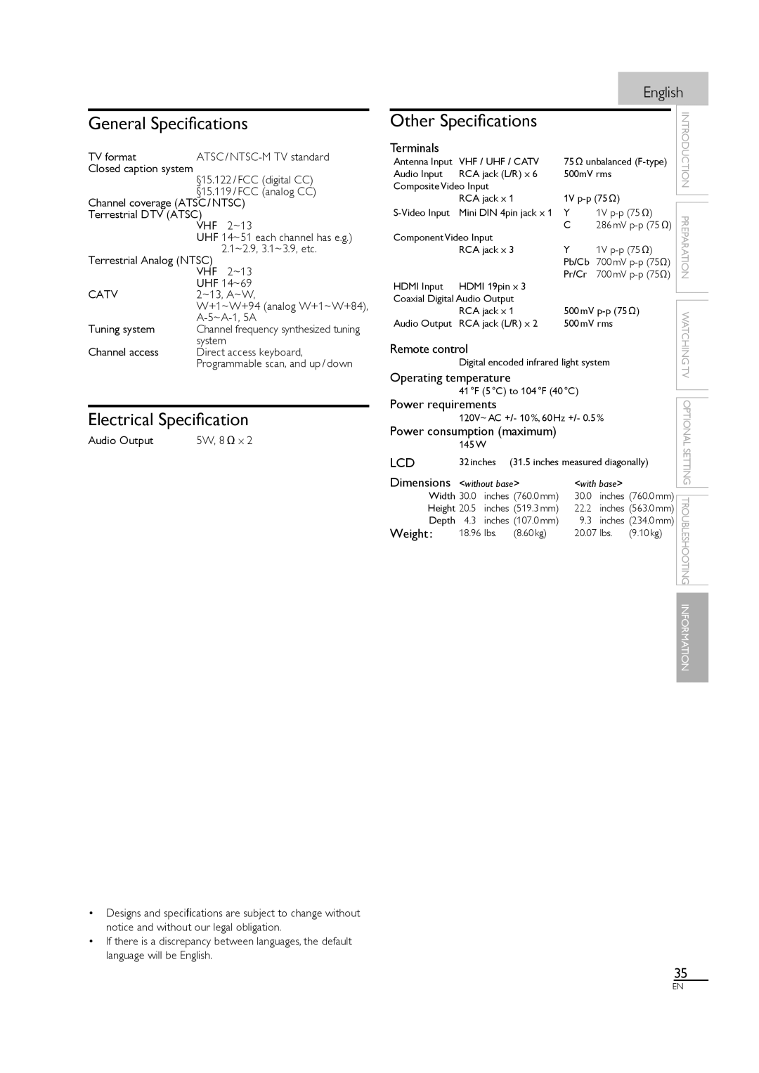 Sylvania LC320SL1 owner manual General Speciﬁcations, Electrical Speciﬁcation, Other Speciﬁcations 