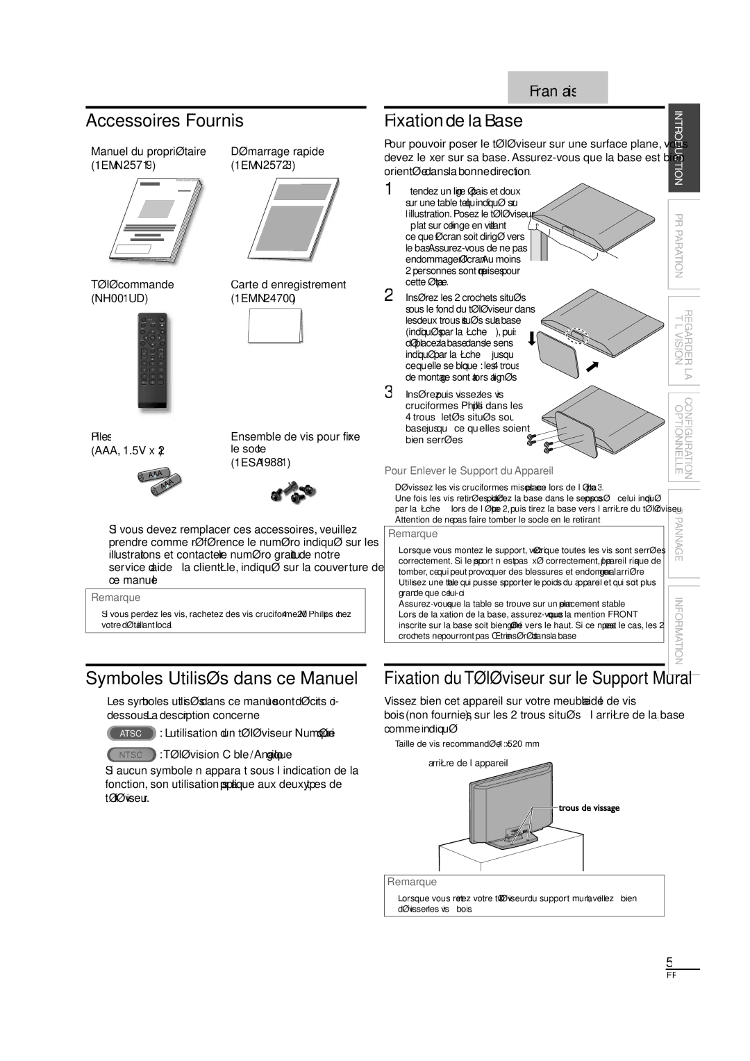 Sylvania LC320SL1 Accessoires Fournis, Symboles Utilisés dans ce Manuel, Fixation du Téléviseur sur le Support Mural 