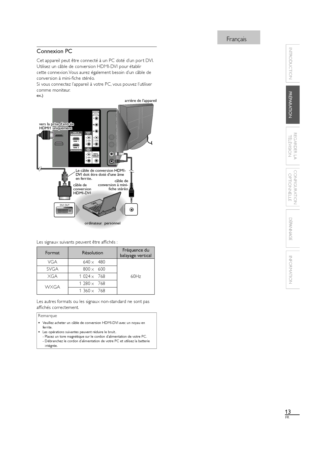 Sylvania LC320SL1 owner manual Connexion PC, Les signaux suivants peuvent être afﬁchés, Format Résolution Balayage vertical 