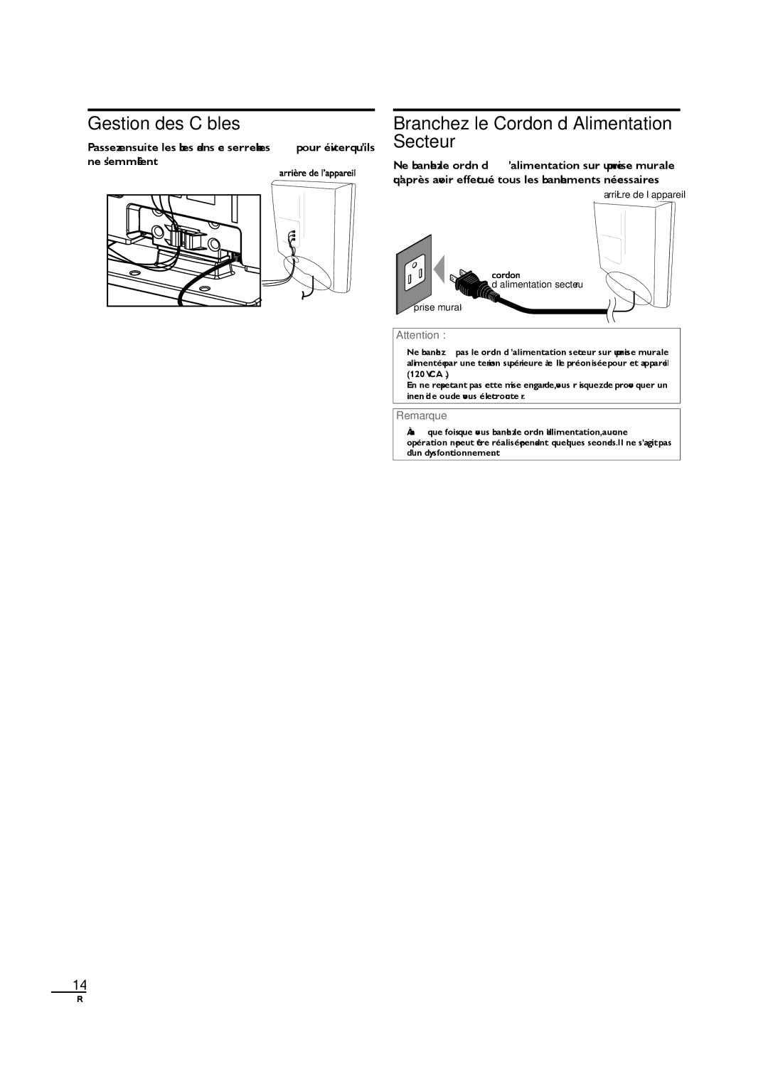 Sylvania LC320SL1 owner manual Gestion des Câbles, Branchez le Cordon d’Alimentation Secteur 