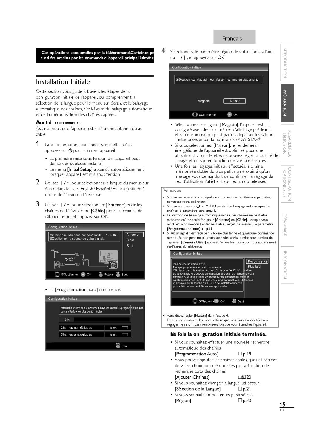 Sylvania LC320SL1 owner manual Installation Initiale, La Programmation auto commence, Du / et appuyez sur OK 