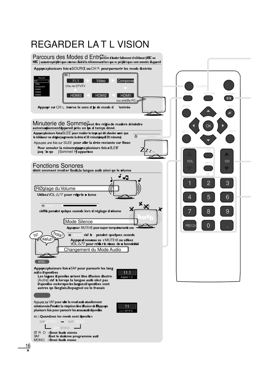 Sylvania LC320SL1 owner manual Regarder LA Télévision, Réglage du Volume, Mode Silence, Changement du Mode Audio 