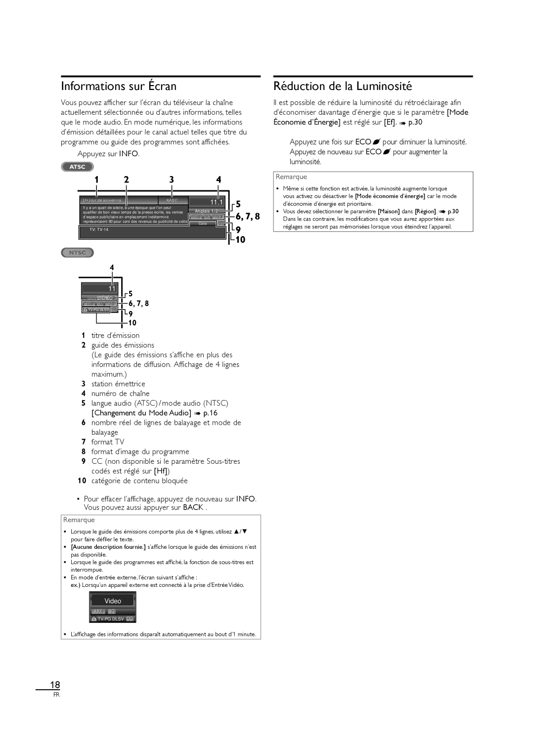 Sylvania LC320SL1 owner manual Informations sur Écran, Réduction de la Luminosité, Appuyez sur Info 