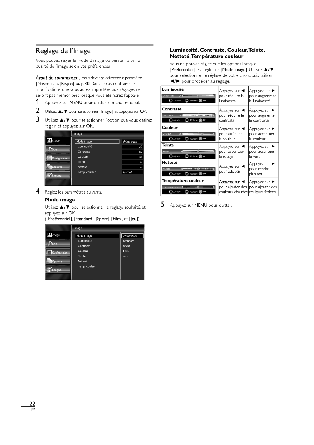 Sylvania LC320SL1 owner manual Réglage de l’Image, Mode image, Réglez les paramètres suivants 