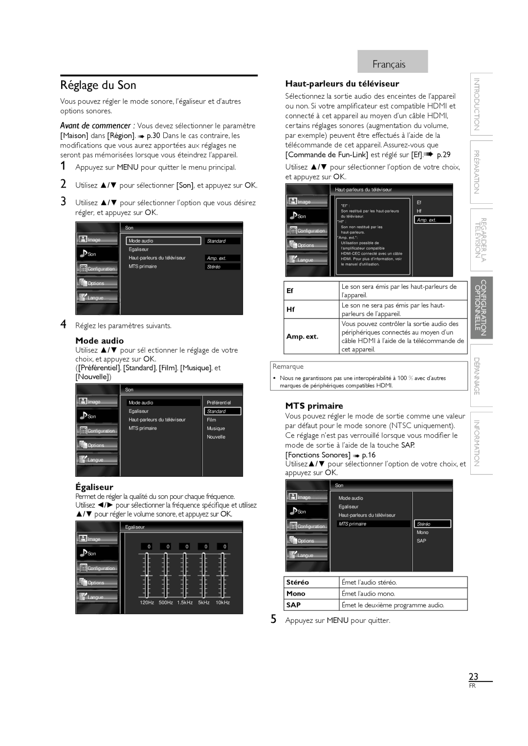 Sylvania LC320SL1 owner manual Réglage du Son, Haut-parleurs du téléviseur, Mode audio, Égaliseur 