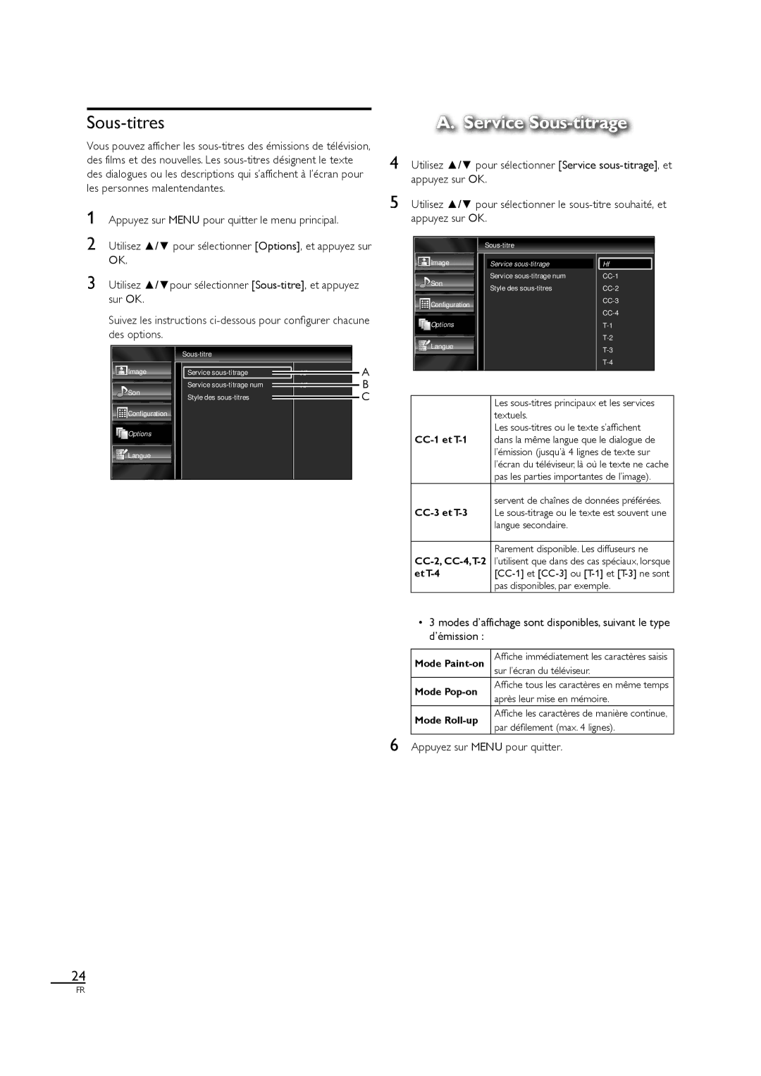 Sylvania LC320SL1 owner manual Sous-titres, Service Sous-titrage, Mode Paint-on Mode Pop-on Mode Roll-up 