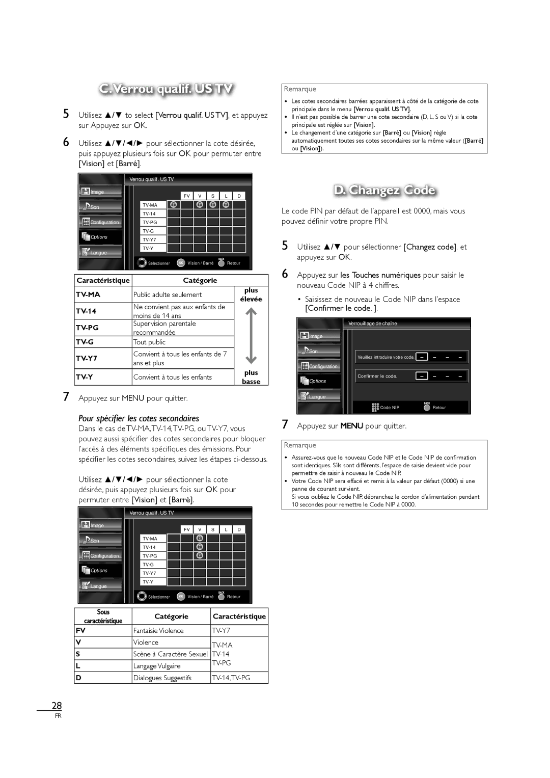 Sylvania LC320SL1 owner manual Verrou qualif. US TV, Changez Code, Appuyez sur pour quitter 