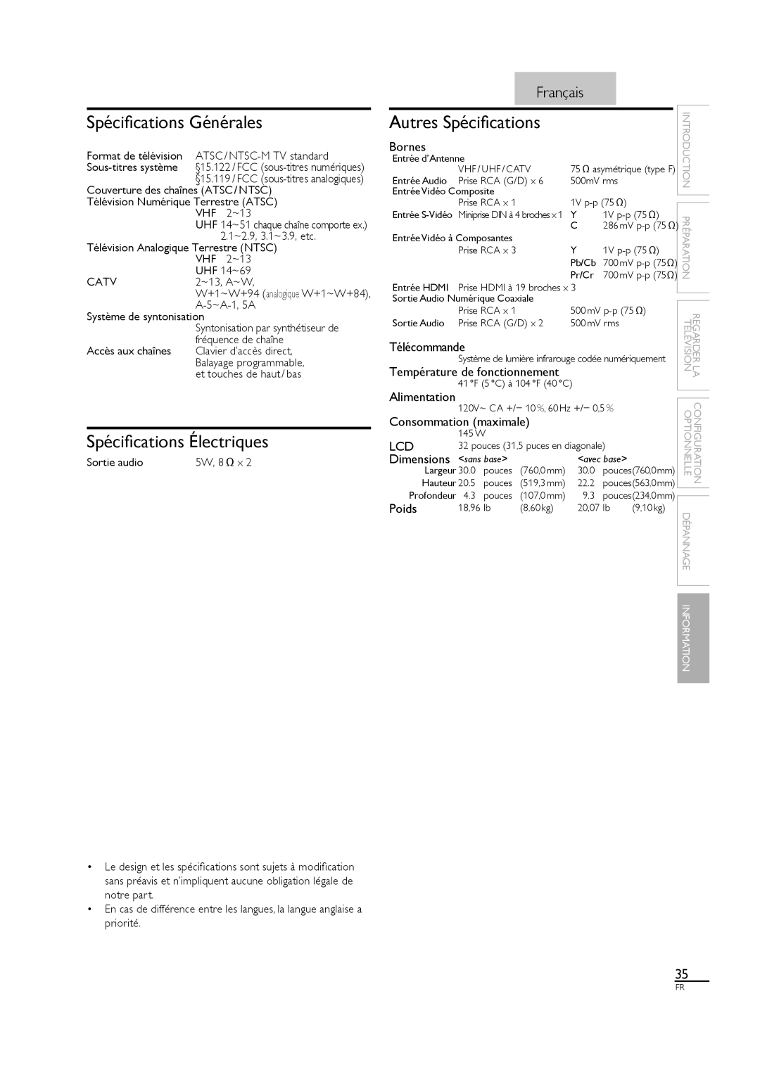 Sylvania LC320SL1 owner manual Spéciﬁcations Générales, Spéciﬁcations Électriques, Autres Spéciﬁcations 