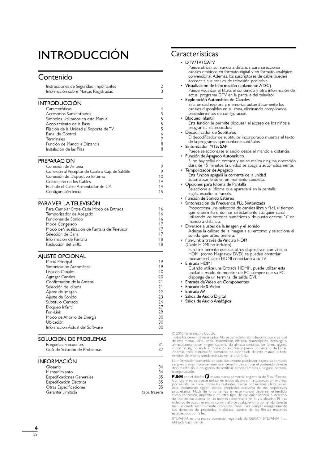 Sylvania LC320SL1 owner manual Introducción, Contenido, Características 