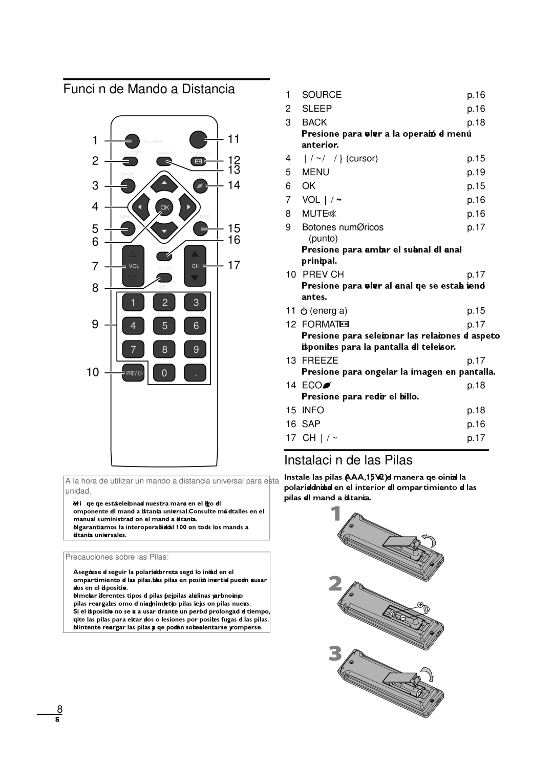 Sylvania LC320SL1 owner manual Función de Mando a Distancia, Instalación de las Pilas 