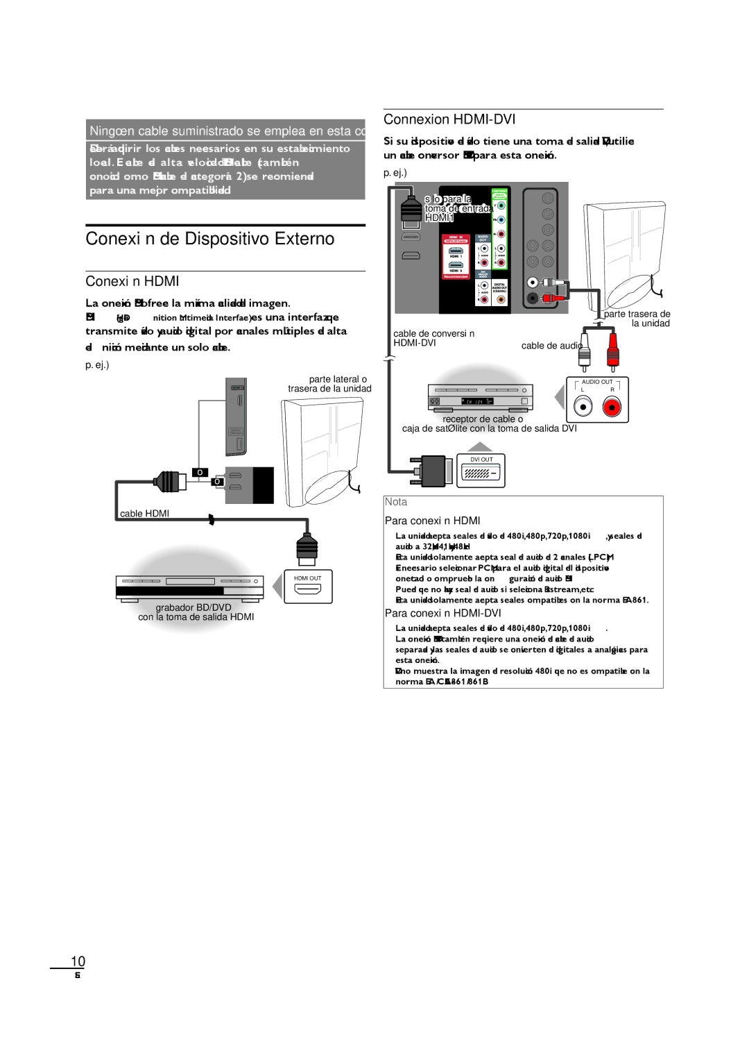 Sylvania LC320SL1 Conexión de Dispositivo Externo, Conexión Hdmi, Deﬁnición mediante un solo cable, Para conexión Hdmi 