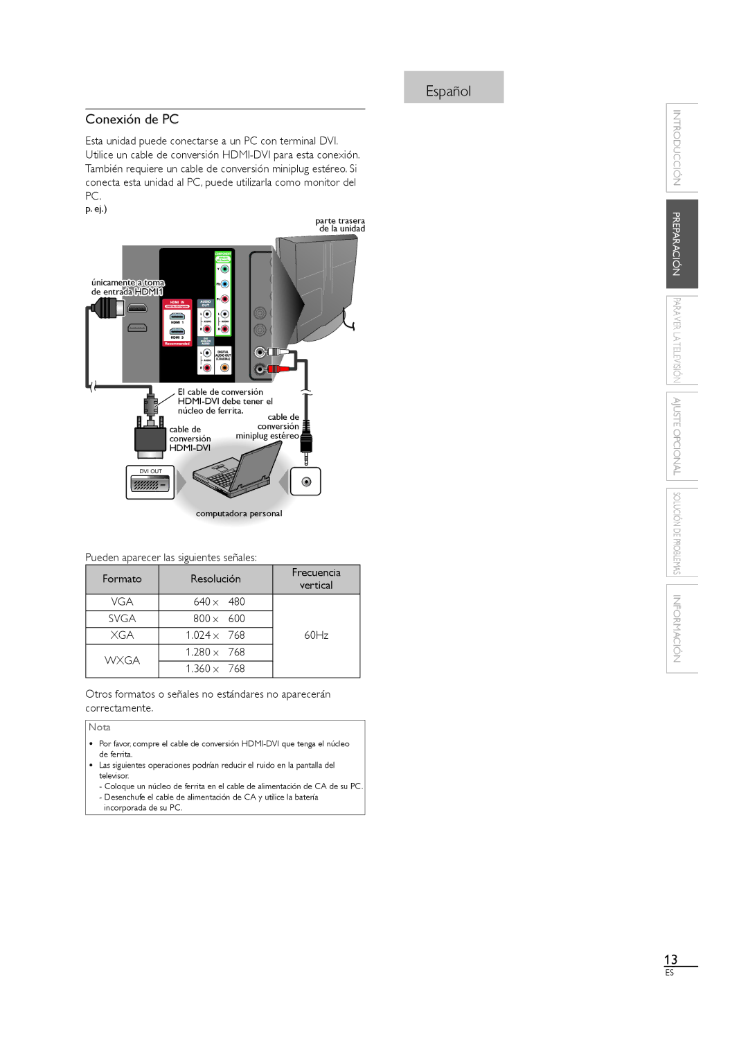 Sylvania LC320SL1 owner manual Conexión de PC, Resolución, 640 480, 800 600, 024 768 