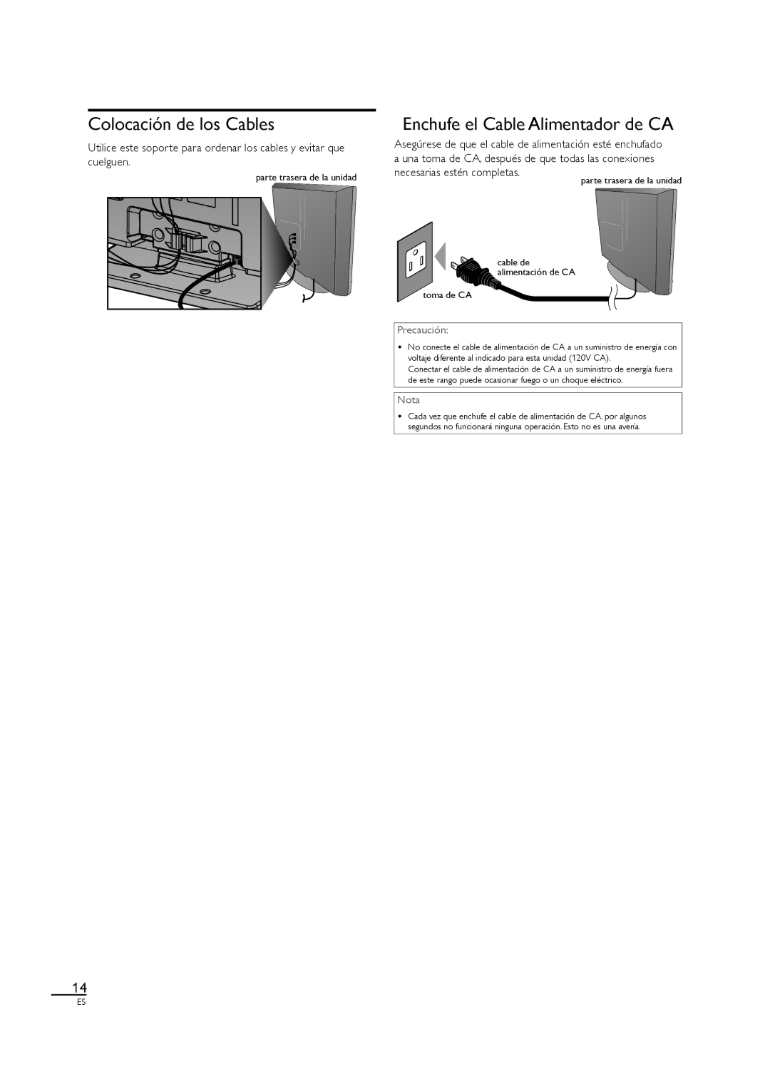 Sylvania LC320SL1 Colocación de los Cables, Enchufe el Cable Alimentador de CA, Toma de CA, Cable de alimentación de CA 