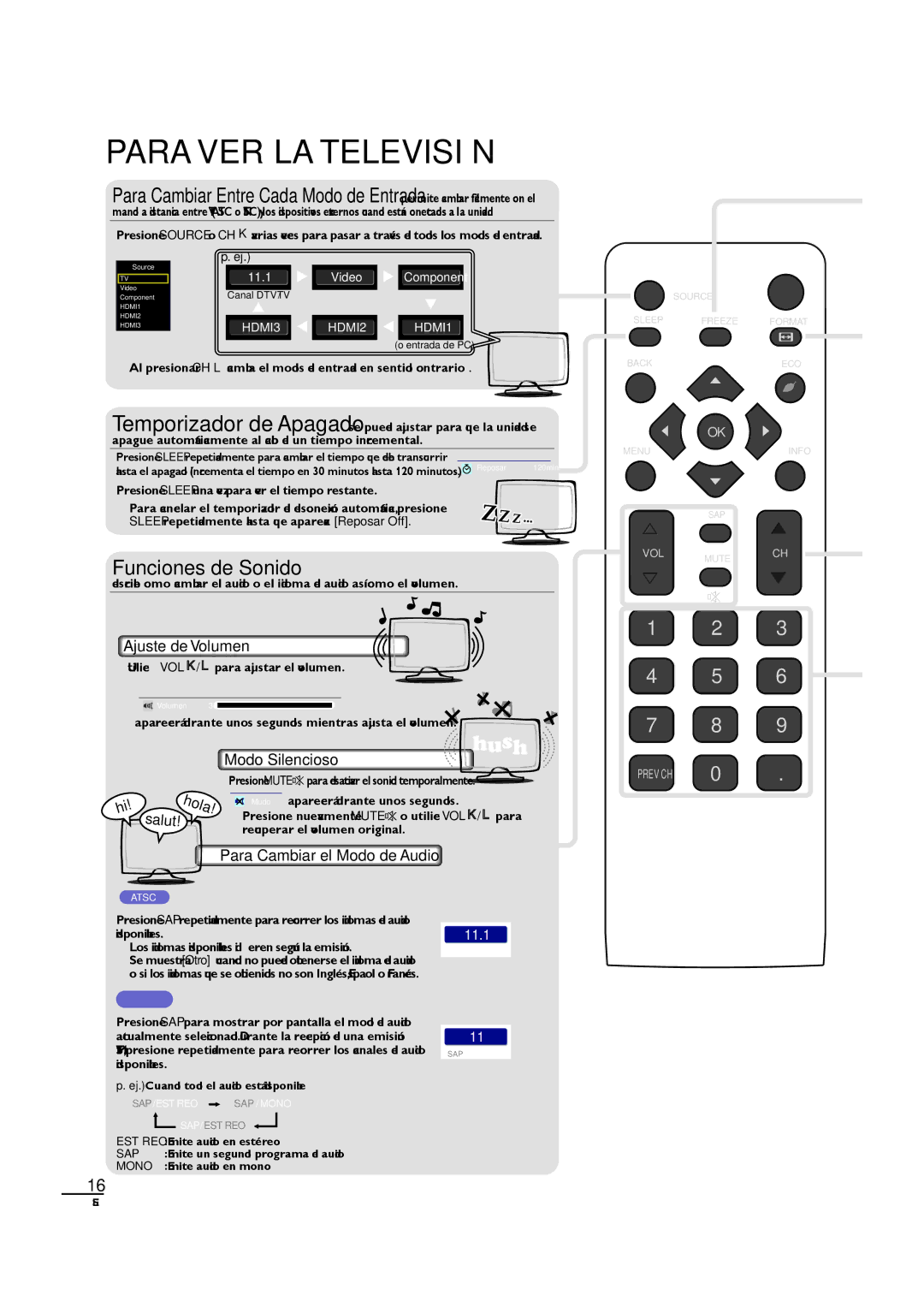 Sylvania LC320SL1 owner manual Para VER LA Televisión, Ajuste de Volumen, Modo Silencioso, Para Cambiar el Modo de Audio 