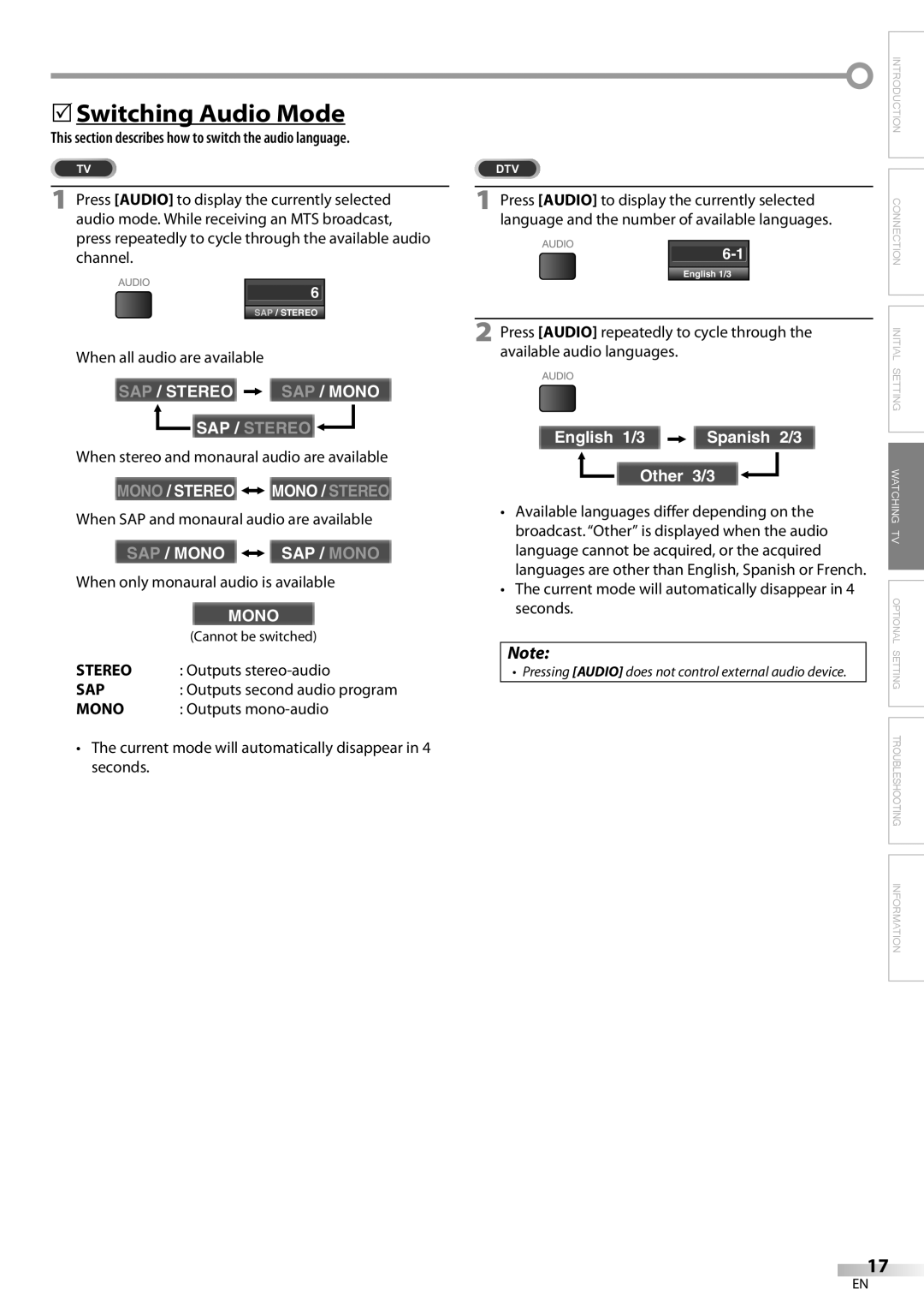 Sylvania LC320SL8 owner manual Switching Audio Mode, Stereo, Sap, Mono 