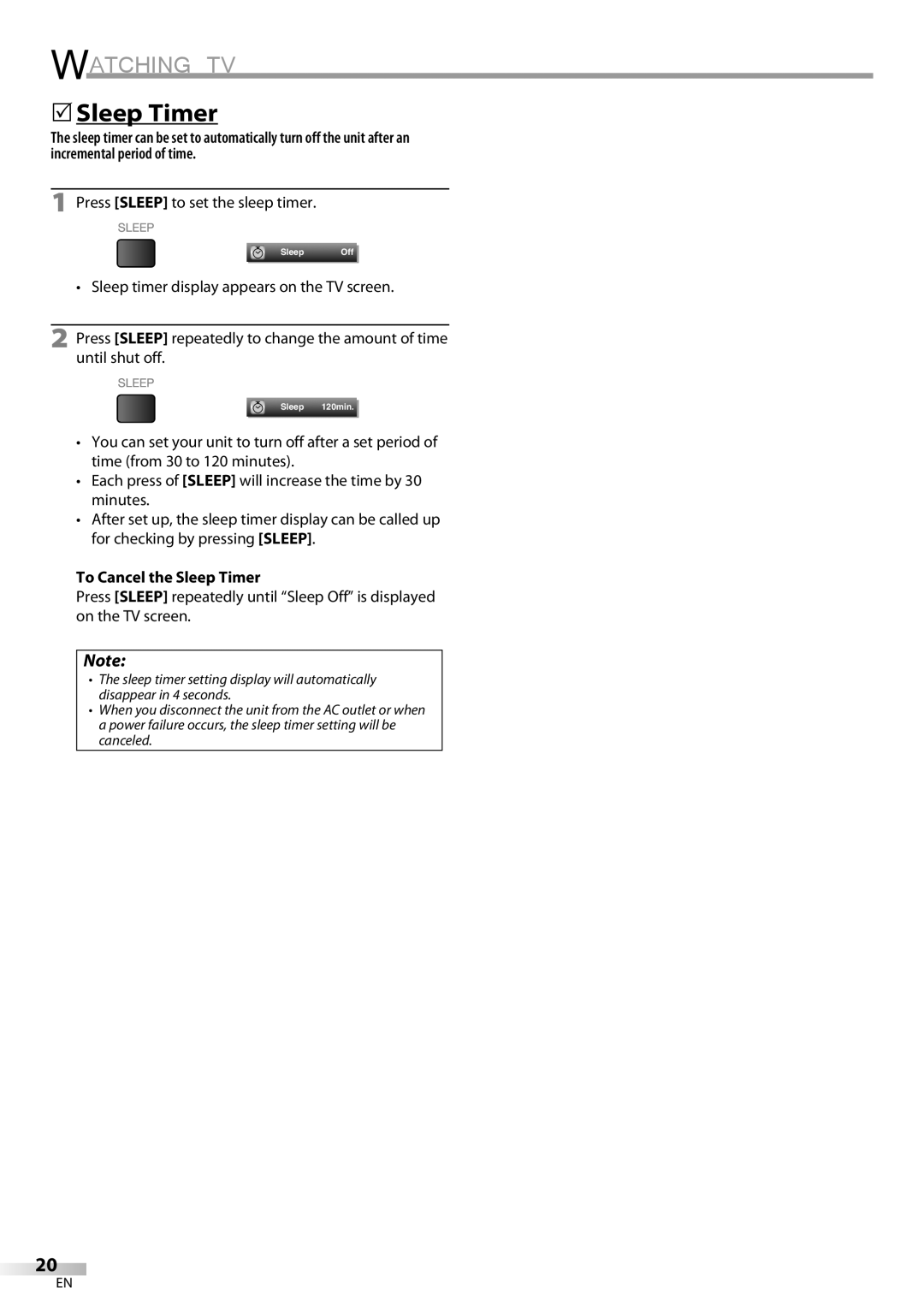 Sylvania LC320SL8 owner manual Press Sleep to set the sleep timer, To Cancel the Sleep Timer 