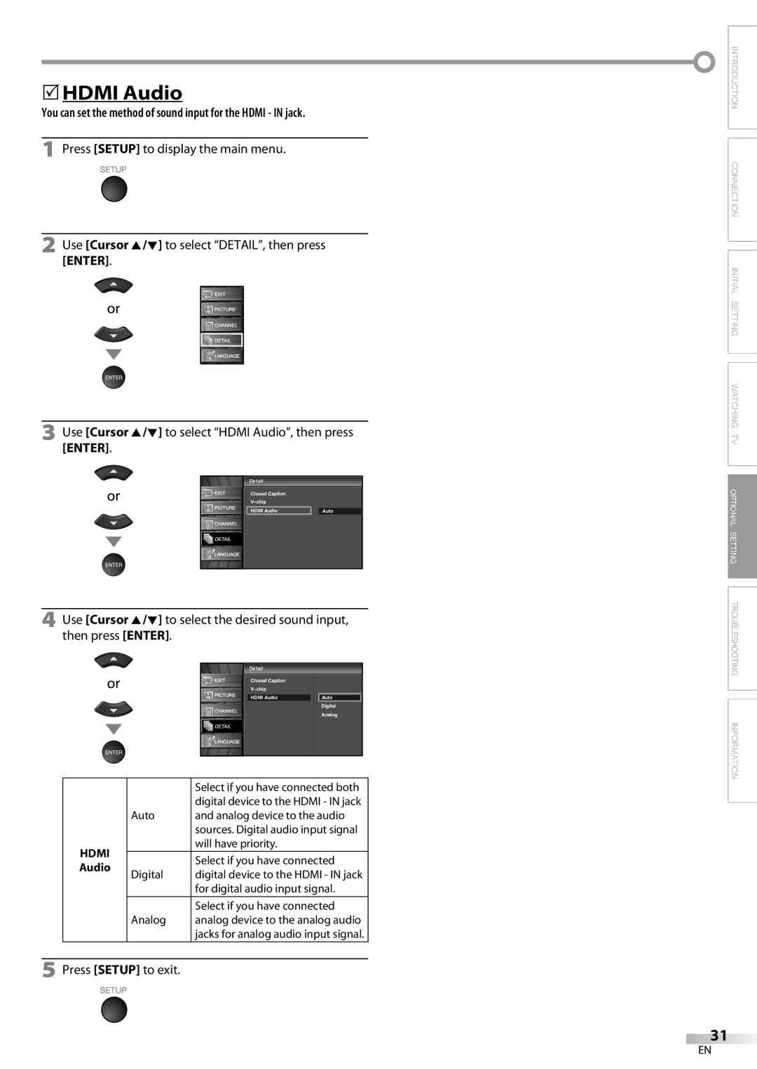 Sylvania LC320SL8 owner manual Hdmi Audio, You can set the method of sound input for the Hdmi in jack 