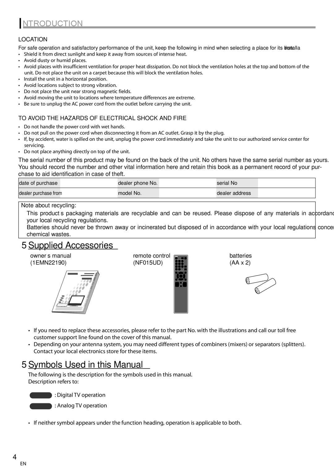 Sylvania LC320SL8 owner manual Supplied Accessories, Symbols Used in this Manual, Location, Remote control 