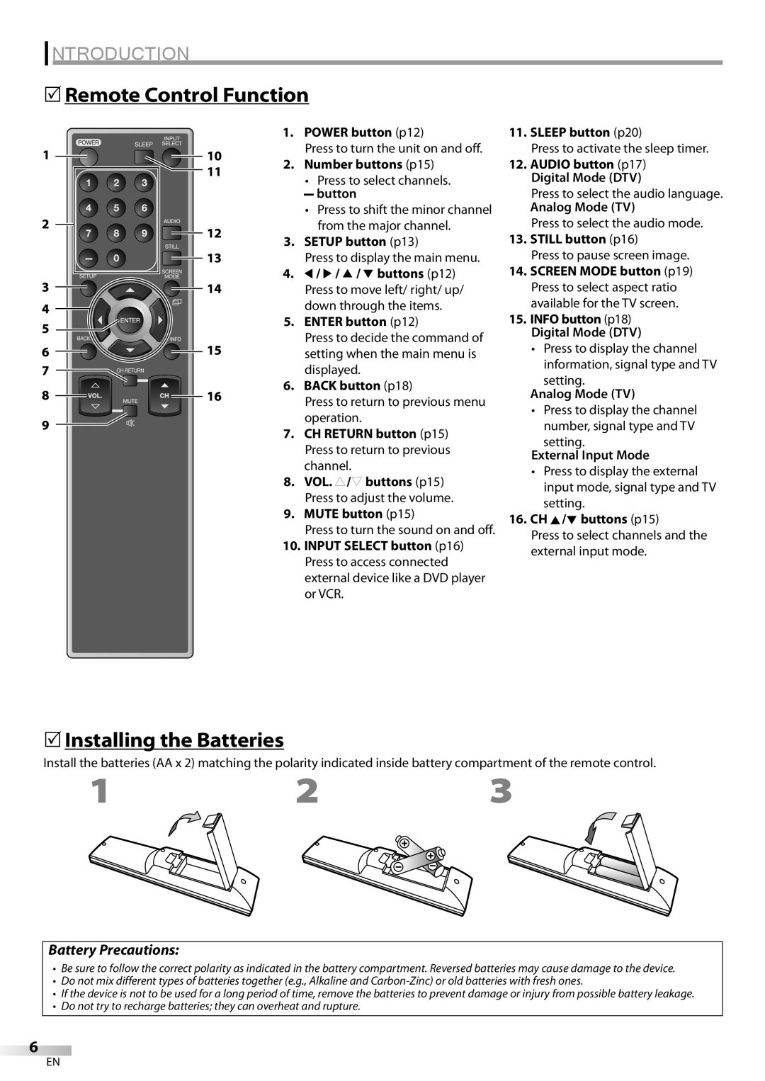 Sylvania LC320SL8 owner manual Remote Control Function, Installing the Batteries 