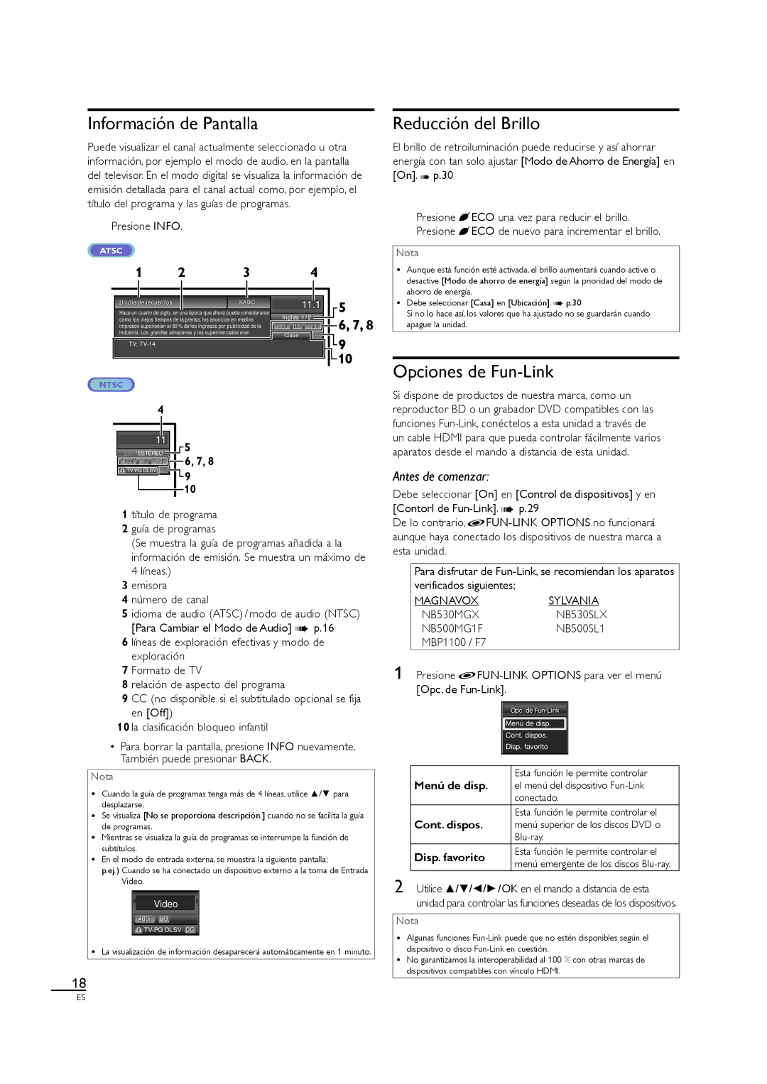 Sylvania LC320SS1 owner manual Información de Pantalla, Reducción del Brillo, Opciones de Fun-Link 