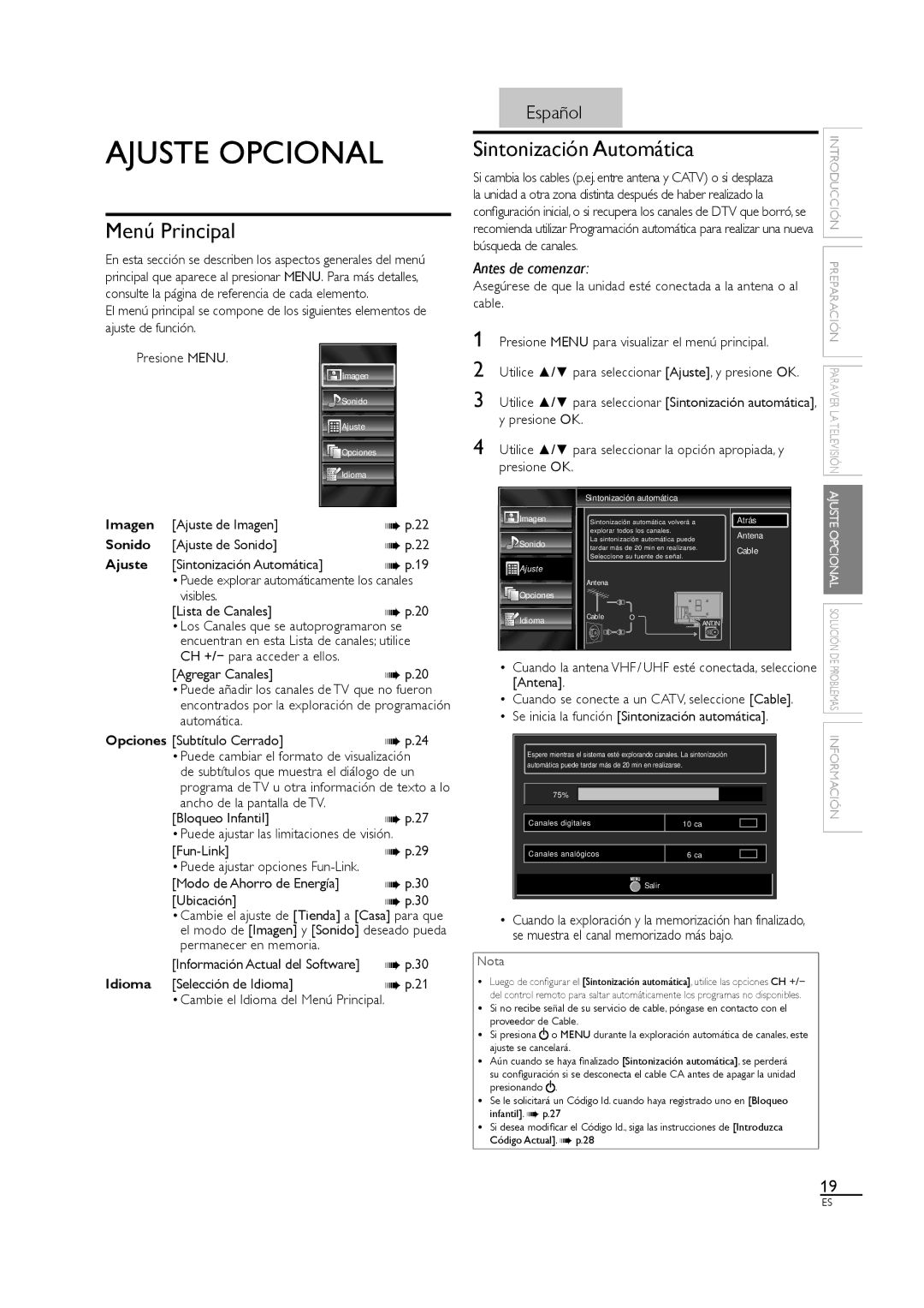 Sylvania LC320SS1 owner manual Ajuste Opcional, Menú Principal, Sintonización Automática 