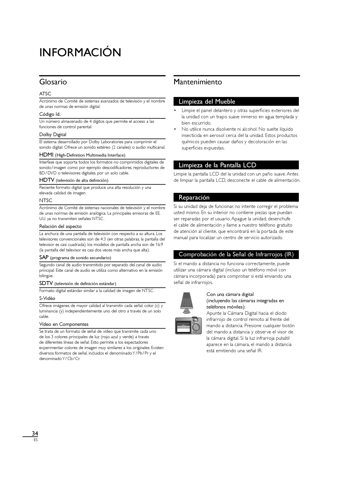 Sylvania LC320SS1 owner manual Información, Glosario, Mantenimiento 