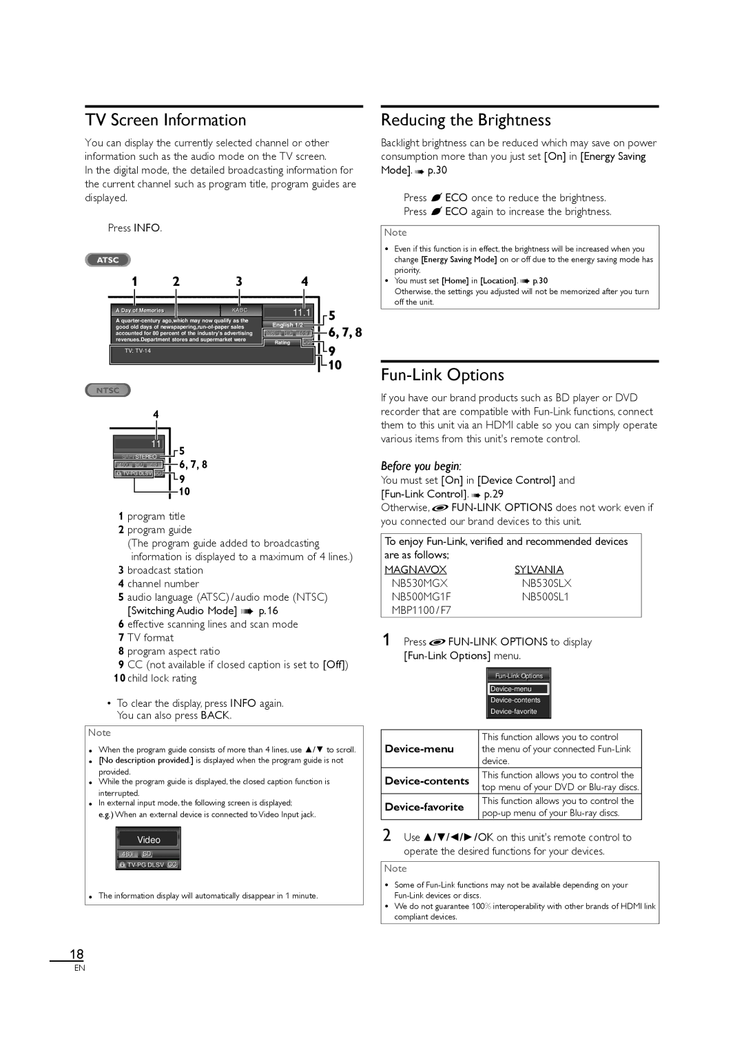 Sylvania LC320SS1 owner manual TV Screen Information, Reducing the Brightness, Fun-Link Options 