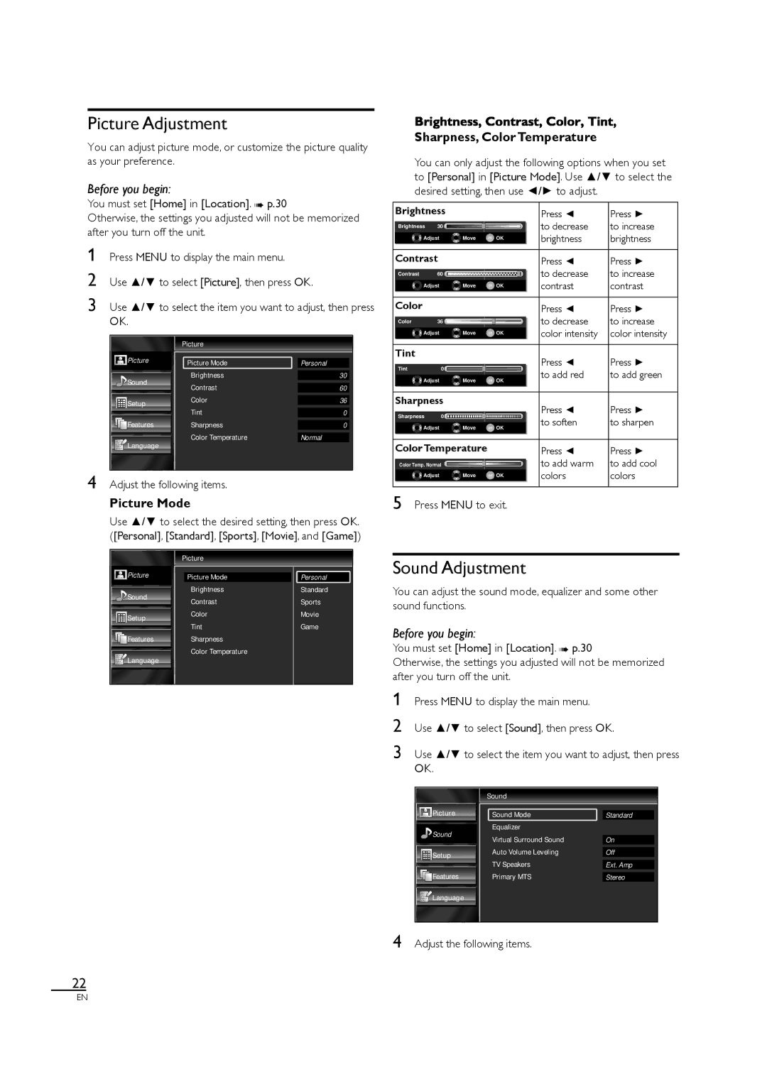 Sylvania LC320SS1 owner manual Picture Adjustment, Sound Adjustment, Sharpness, Color Temperature, Picture Mode 