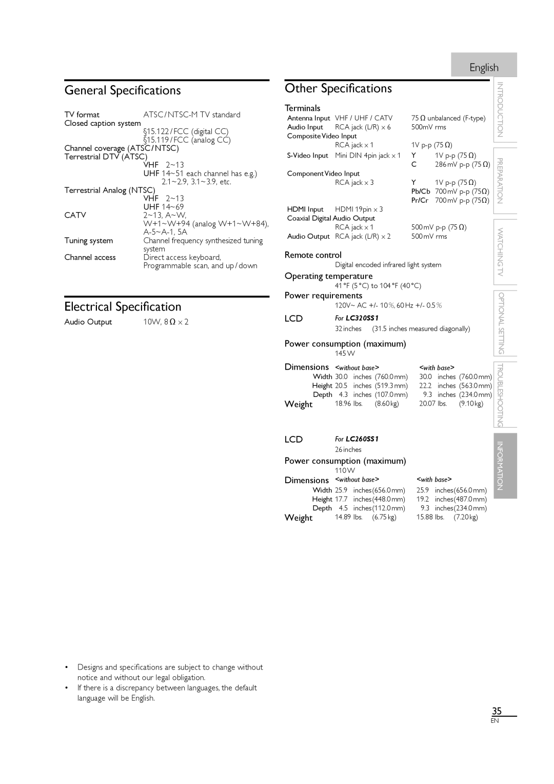 Sylvania LC320SS1 owner manual General Speciﬁcations, Electrical Speciﬁcation, Other Speciﬁcations 