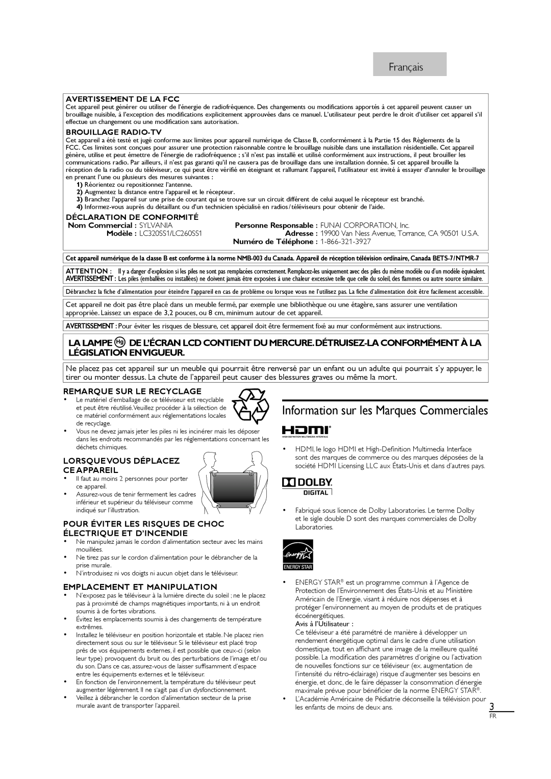 Sylvania owner manual Personne Responsable Funai CORPORATION, Inc, Nom Commercial Sylvania, Modèle LC320SS1/LC260SS1 