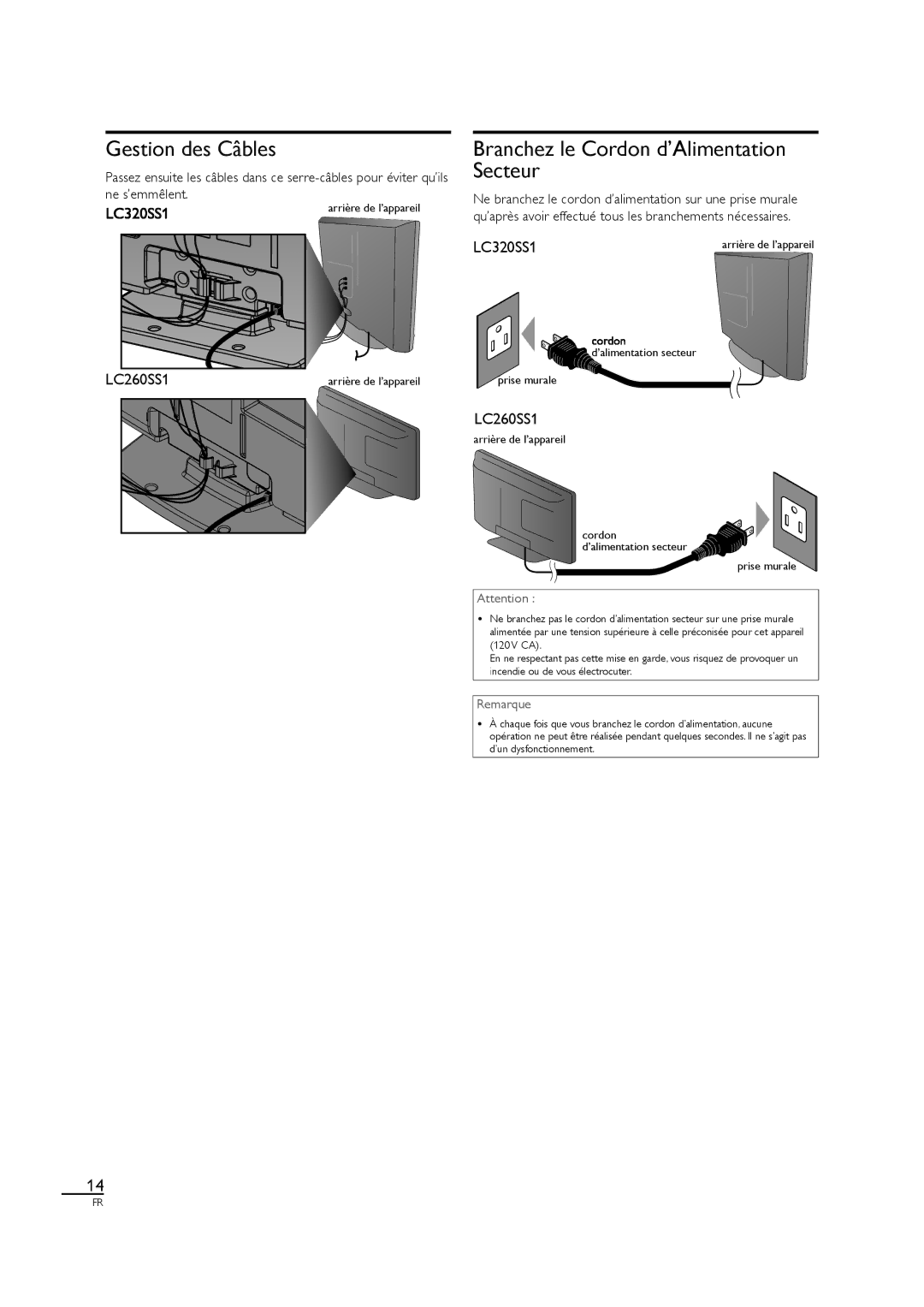 Sylvania LC320SS1 Gestion des Câbles, Branchez le Cordon d’Alimentation Secteur, ’alimentation secteur Prise murale 