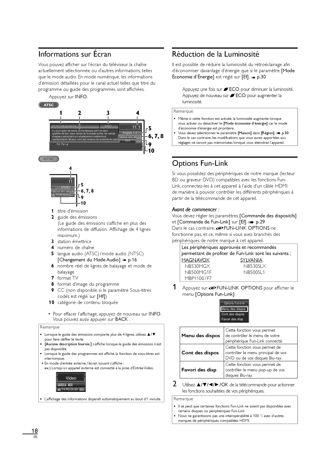 Sylvania LC320SS1 owner manual Informations sur Écran, Réduction de la Luminosité, Options Fun-Link, Appuyez sur Info 