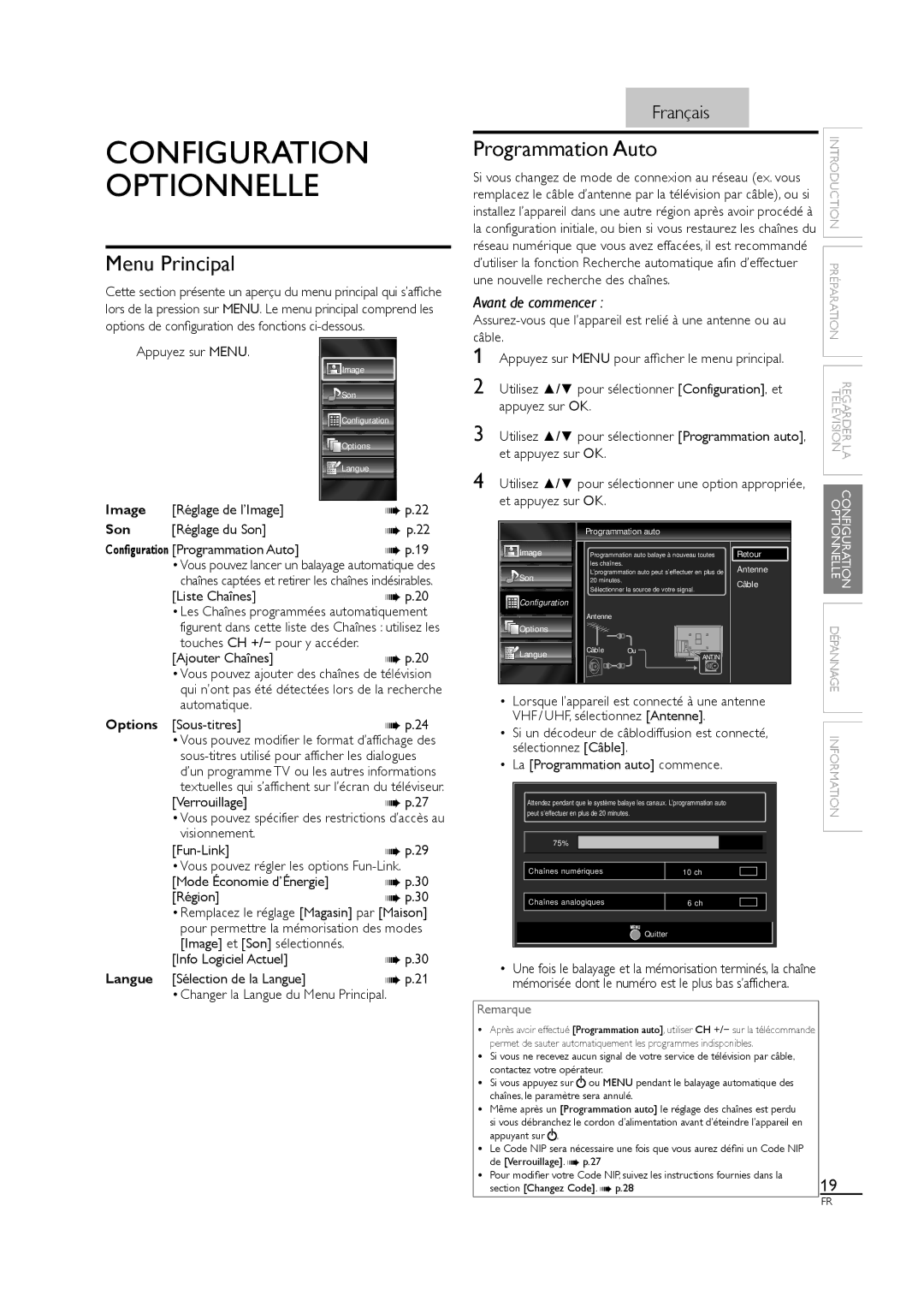 Sylvania LC320SS1 owner manual Configuration, Optionnelle, Programmation Auto, Menu Principal 