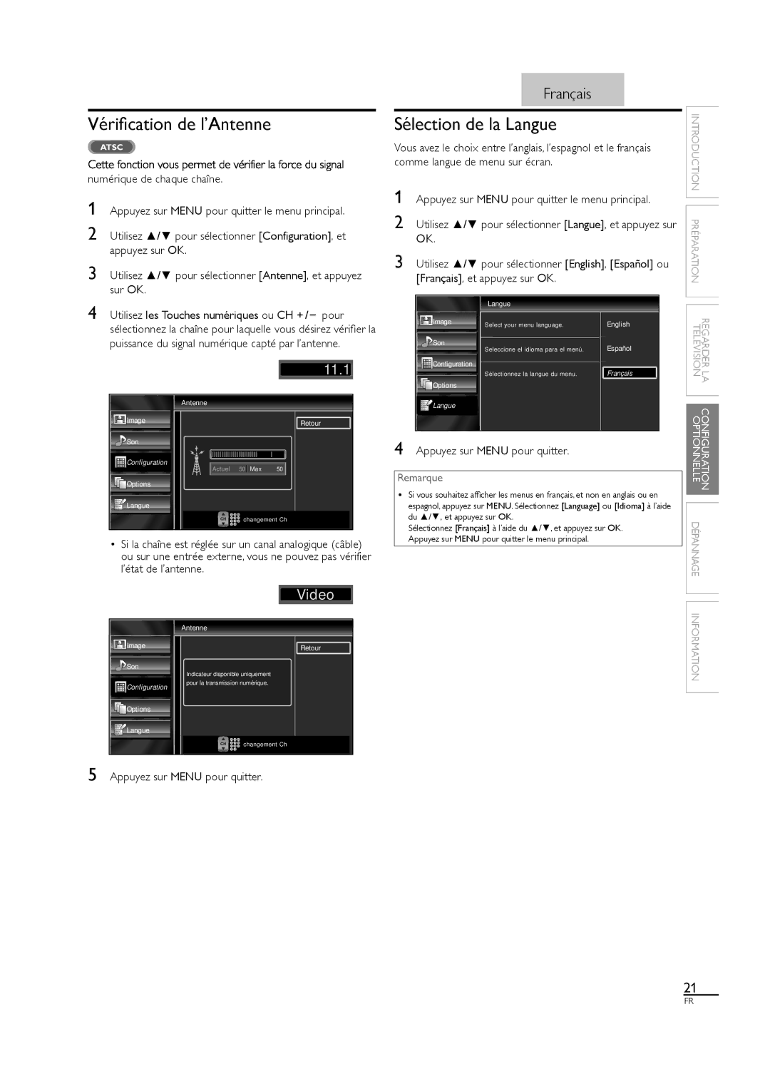 Sylvania LC320SS1 owner manual Vériﬁcation de l’Antenne, Sélection de la Langue, Français, et appuyez sur OK 