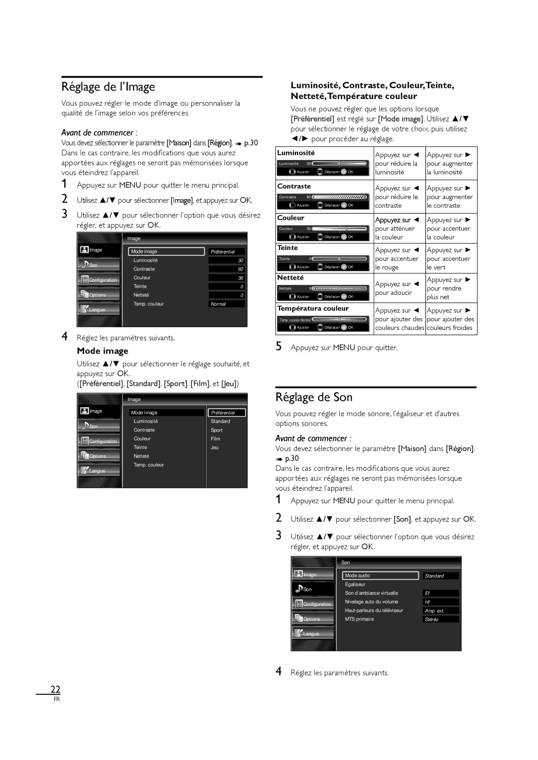 Sylvania LC320SS1 owner manual Réglage de l’Image, Réglage de Son, Mode image 