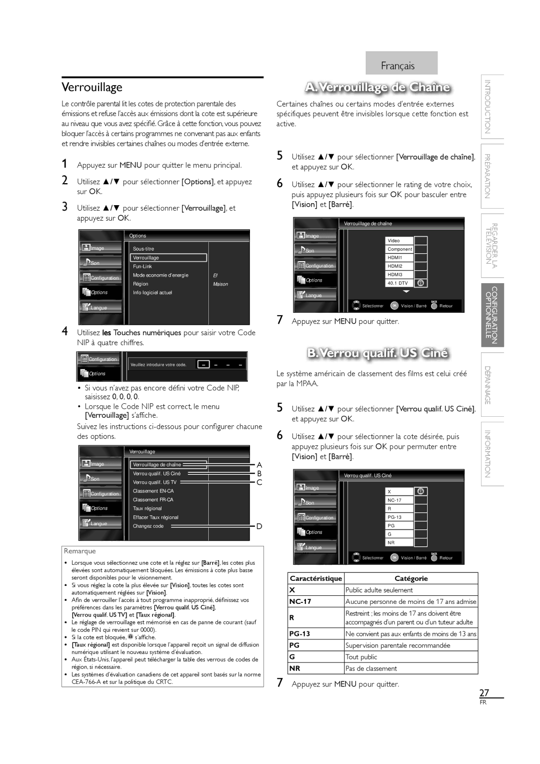 Sylvania LC320SS1 owner manual Verrouillage de Chaîne, Verrou qualif. US Ciné, Vision et Barré 