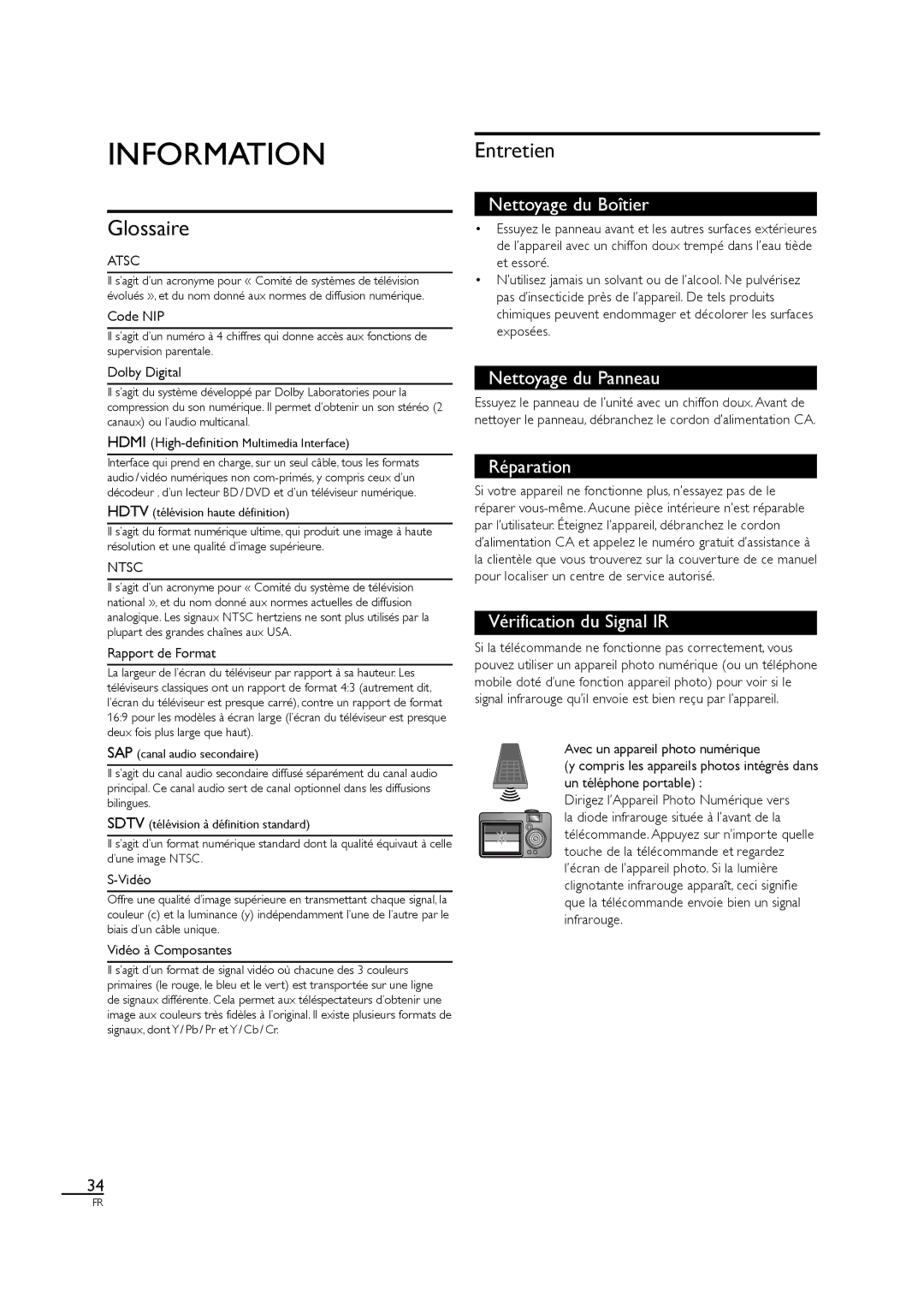 Sylvania LC320SS1 owner manual Glossaire, Entretien 