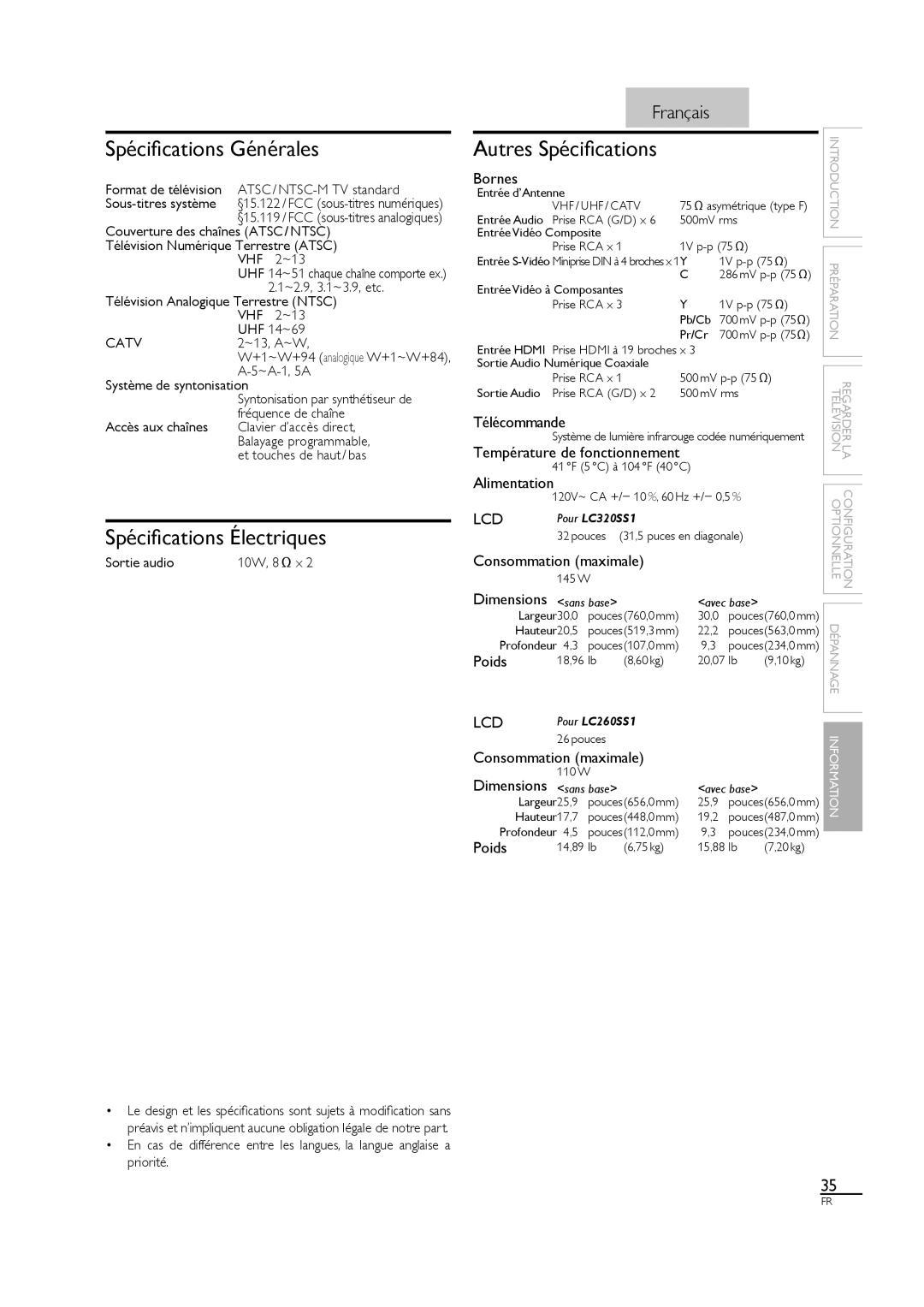 Sylvania LC320SS1 owner manual Spéciﬁcations Générales, Spéciﬁcations Électriques 